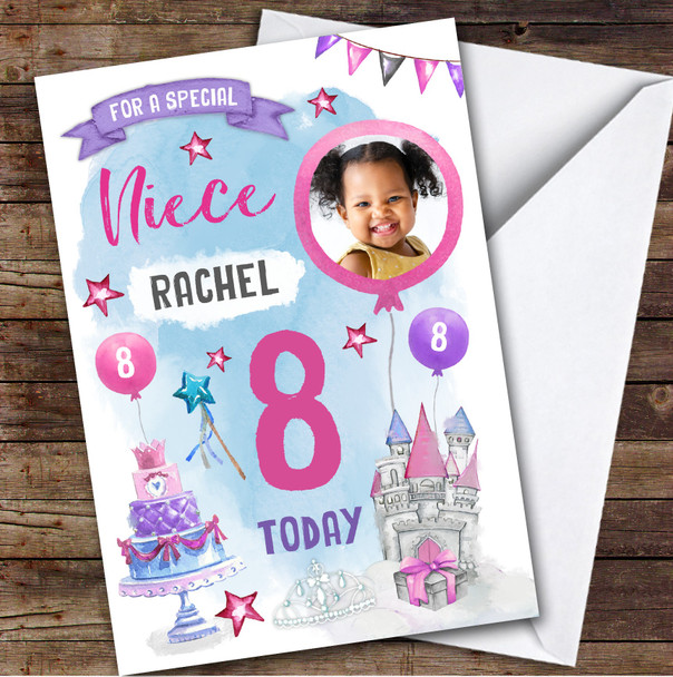 Girl's Princess Castle Crown Photo Niece 8th Birthday Personalized Birthday Card