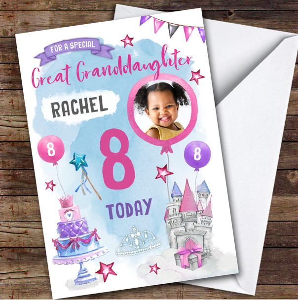 Girl's Princess Castle Photo Great Granddaughter 8th Birthday Personalized Card