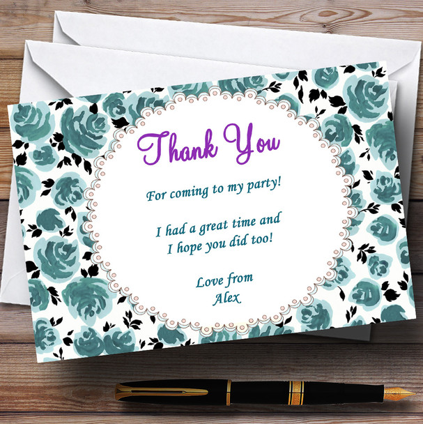 Turquoise Floral Vintage Garden Tea Party Thank You Cards Personalized Party Thank You Cards