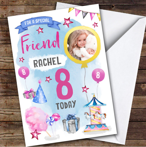 Girl's Fun Fair Candy Floss Sweets Photo Friend 8th Birthday Personalized Card