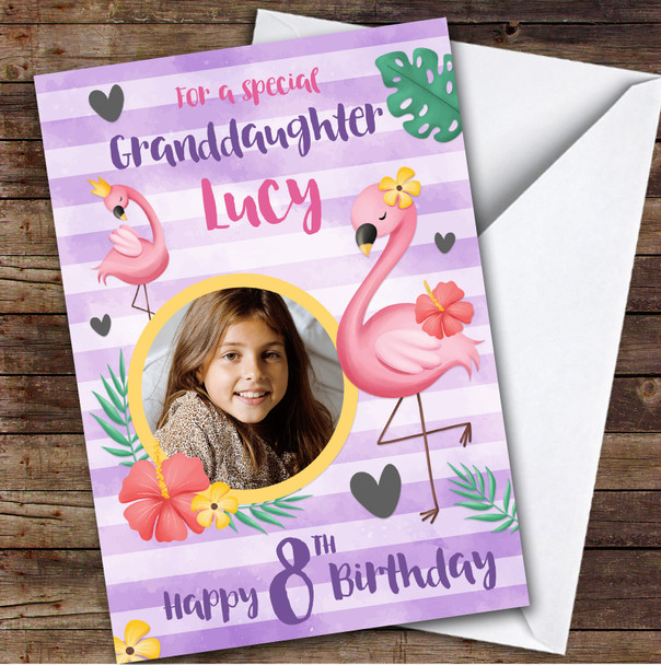 Girl's Flamingo Pink Purple Photo Granddaughter 8th Birthday Personalized Card