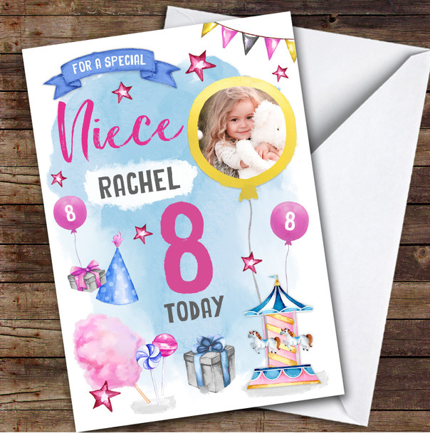 Girl's Fun Fair Candy Floss Sweets Photo Niece 8th Birthday Personalized Card