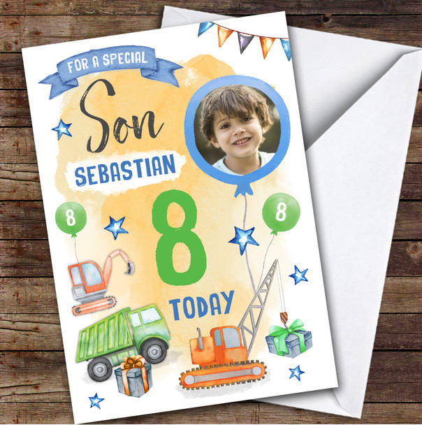 Boy's Truck Gift Construction Digger Photo Son 8th Birthday Personalized Card Boy's Truck Gift Construction Digger Photo Son 8th Birthday Personalized Card