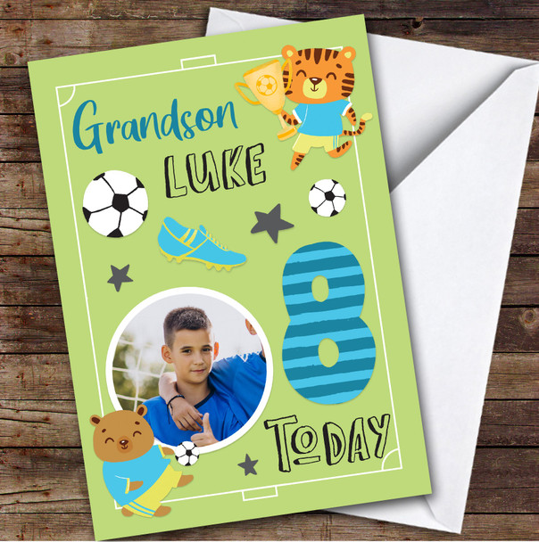 Boy's Football Animals Photo Grandson 8th Birthday Personalized Birthday Card