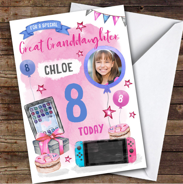 Girl's Gamer Gaming Photo Great Granddaughter 8th Birthday Personalized Card