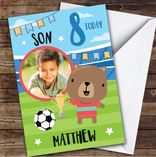 Boy's Football Bear Trophy Photo Son 8th Birthday Personalized Birthday Card