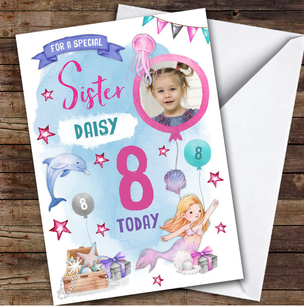 Girl's Mermaid Dolphin Photo Sister 8th Birthday Personalized Birthday Card