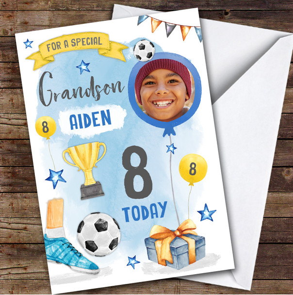 Boy's Football Sport Photo Grandson 8th Birthday Personalized Birthday Card