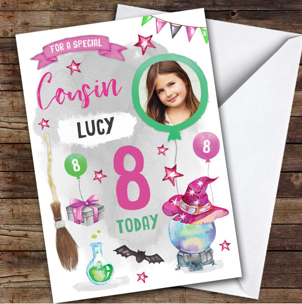 Girl's Magical Witch Halloween Photo Sister 8th Birthday Personalized Card
