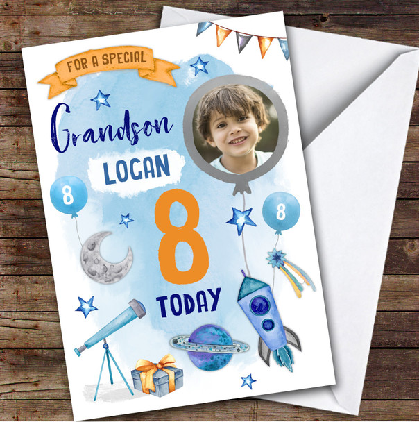 Boy's Space Rocket Astronaut Photo Grandson 8th Birthday Personalized Card
