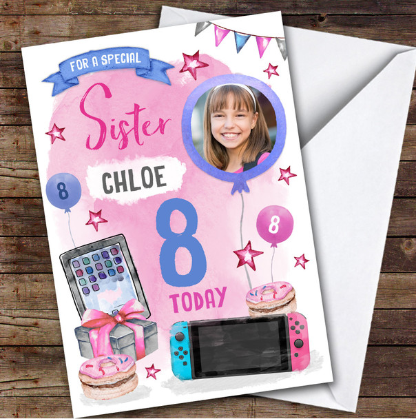 Girl's Tech Gamer Gaming Donut Photo Sister 8th Birthday Personalized Card