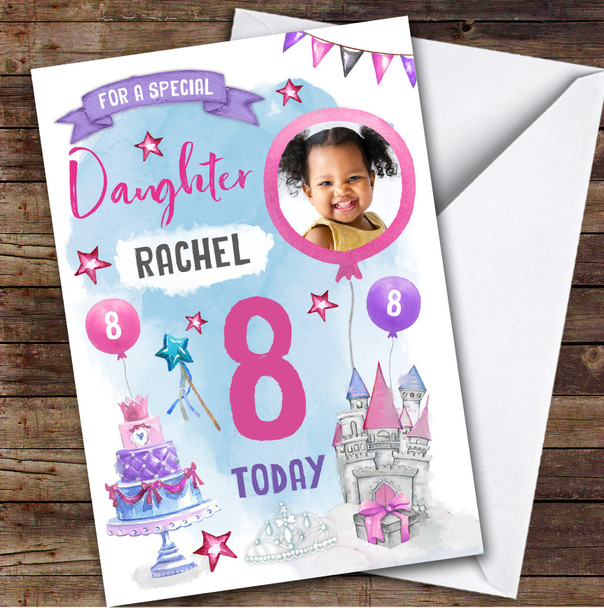 Girl's Princess Castle Crown Photo Daughter 8th Birthday Personalized Card