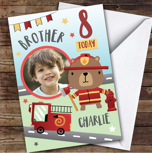 Boy's Fireman Bear Fire truck Photo Brother 8th Birthday Personalized Card