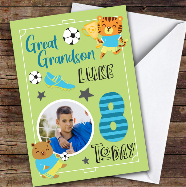 Boy's Football Animals Photo Great Grandson 8th Birthday Personalized Card