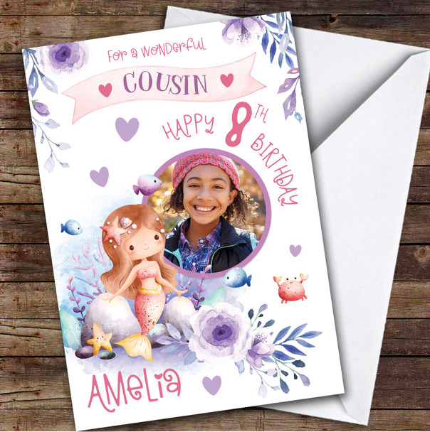 Girl's Mermaid Purple Photo Cousin 8th Birthday Personalized Birthday Card