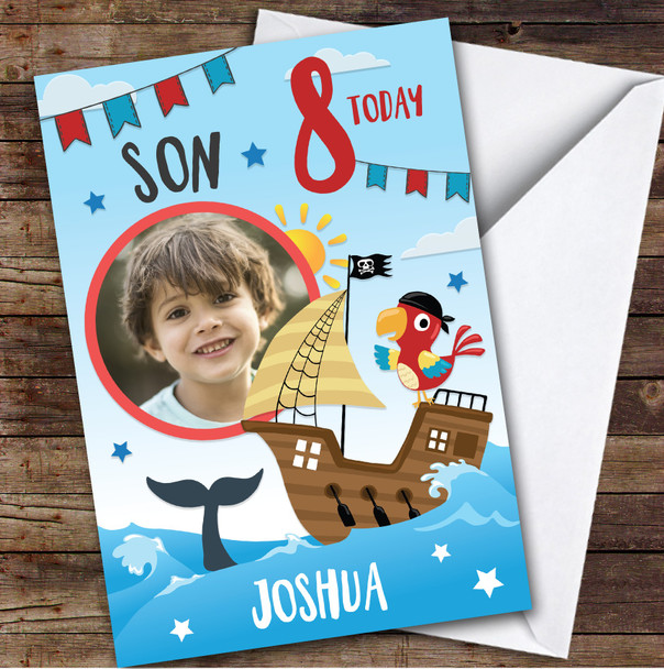 Boy's Pirate Ship Parrot Photo Son 8th Birthday Personalized Birthday Card