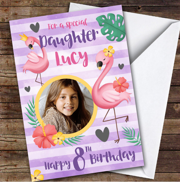 Girl's Flamingo Pink Purple Photo Daughter 8th Birthday Personalized Card
