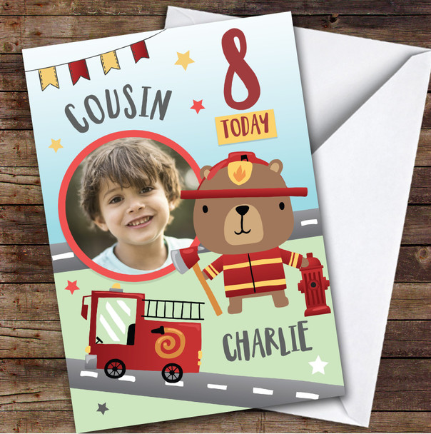 Boy's Fireman Bear Fire truck Photo Cousin 8th Birthday Personalized Card