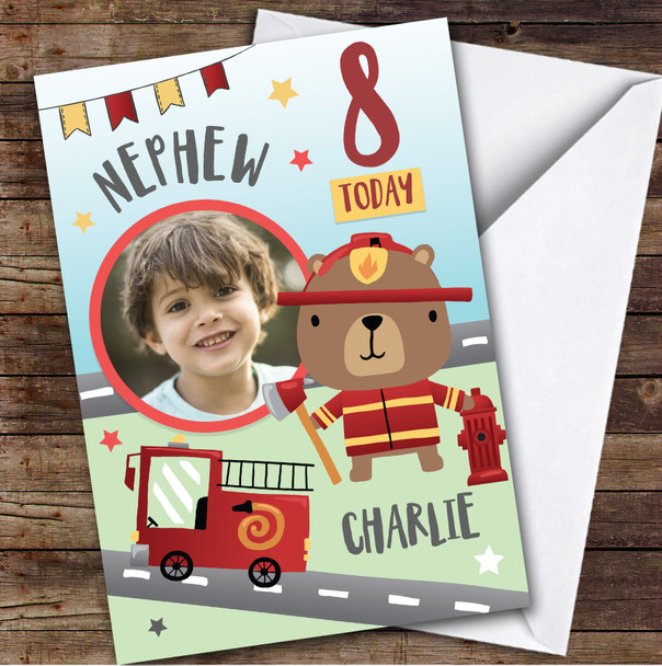Boy's Fireman Bear Fire truck Photo Nephew 8th Birthday Personalized Card