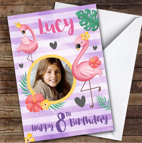 Girl's Flamingo Pink Purple Photo 8th Birthday Personalized Birthday Card