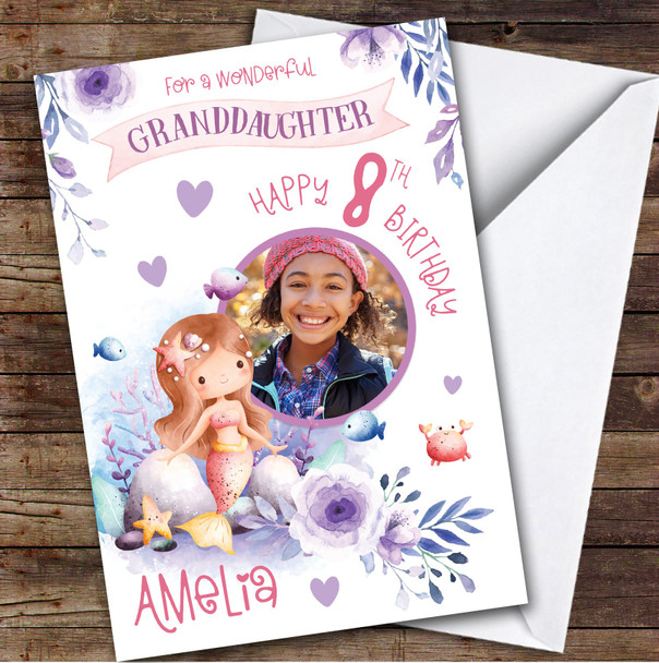 Girl's Mermaid Purple Photo Granddaughter 8th Birthday Personalized Card