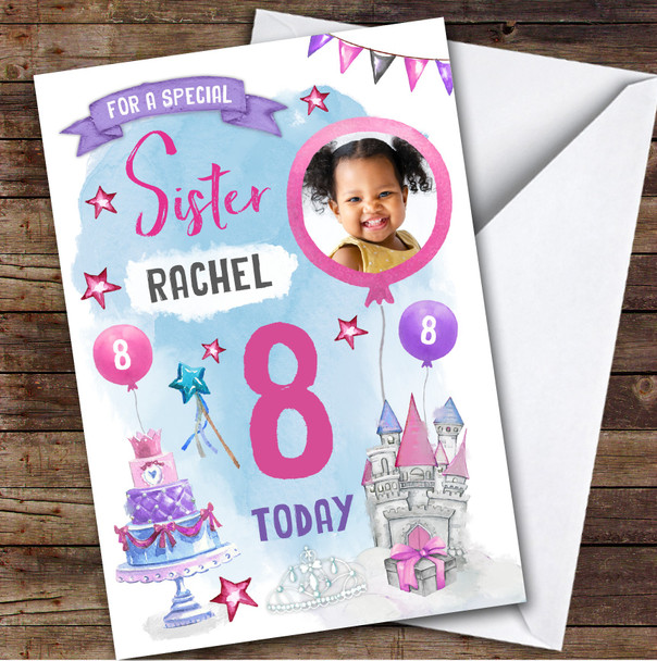 Girl's Princess Castle Crown Photo Sister 8th Birthday Personalized Card