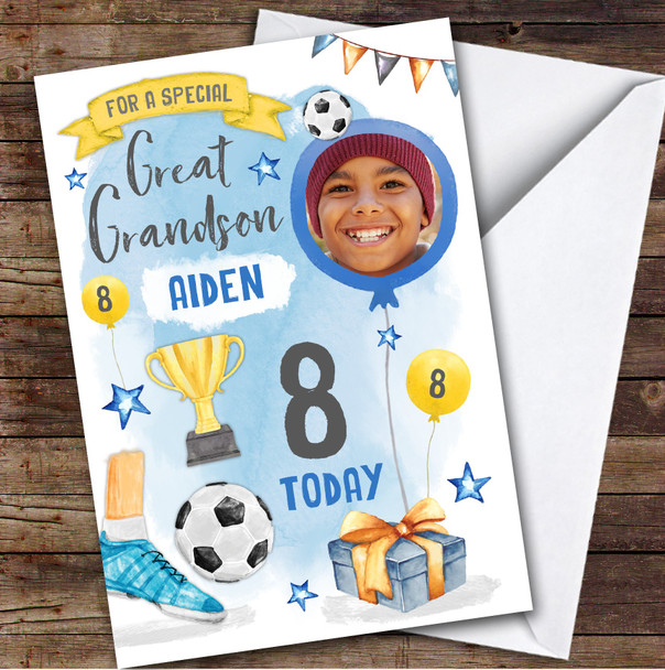 Boy's Football Sport Photo Great Grandson 8th Birthday Personalized Card Boy's Football Sport Photo Great Grandson 8th Birthday Personalized Card