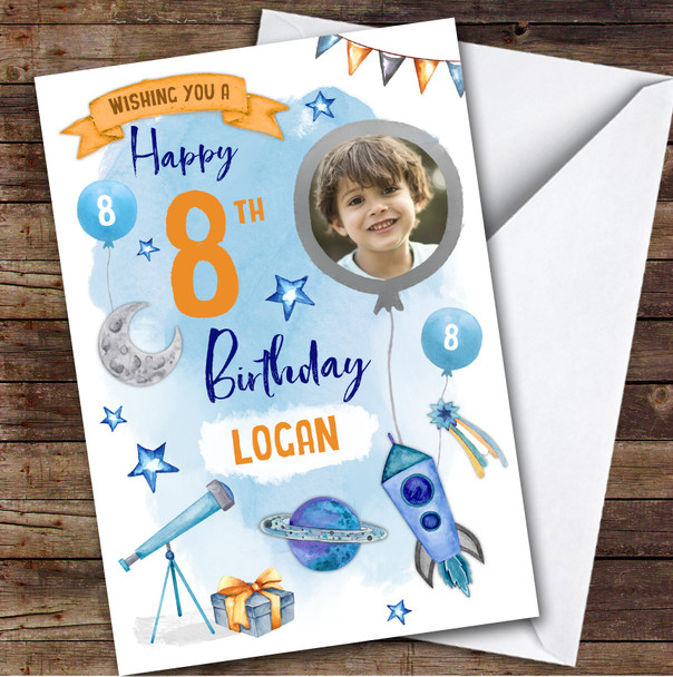 Boy's Space Rocket Astronaut Rocket Photo 8th Birthday Personalized Card