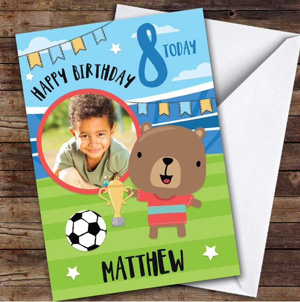 Boy's Football Bear Trophy Photo 8th Birthday Personalized Birthday Card