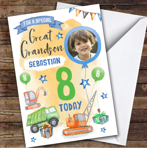 Boy's Truck Digger Photo Great Grandson 8th Birthday Personalized Card