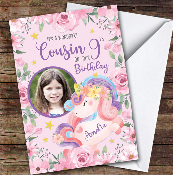 Girl's Unicorn Pink Flower Photo Cousin 9th Birthday Personalized Birthday Card