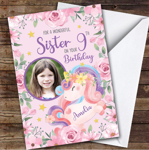 Girl's Unicorn Pink Flower Photo Sister 9th Birthday Personalized Birthday Card