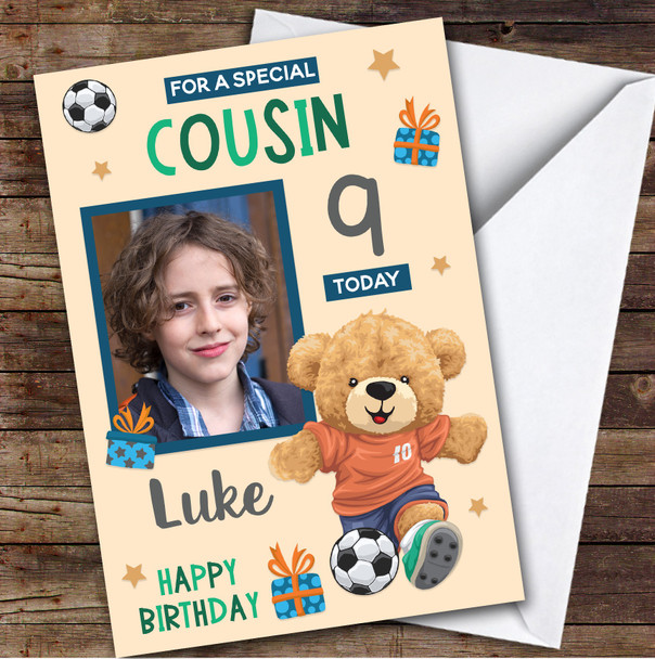 Boy's Football Bear Orange Photo Cousin 9th Birthday Personalized Birthday Card