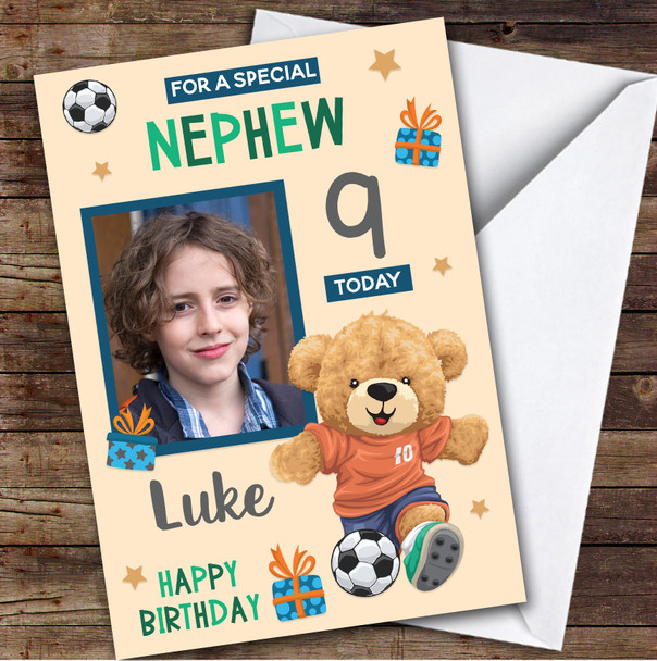 Boy's Football Bear Orange Photo Nephew 9th Birthday Personalized Birthday Card