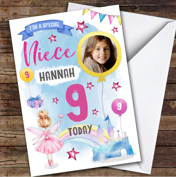Girl's Fairy Magical Rainbow Castle Photo Niece 9th Birthday Personalized Card