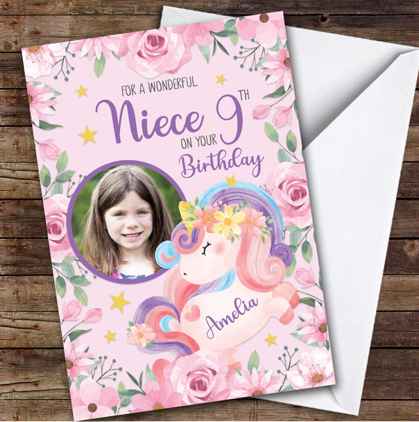 Girl's Unicorn Pink Flower Photo Niece 9th Birthday Personalized Birthday Card