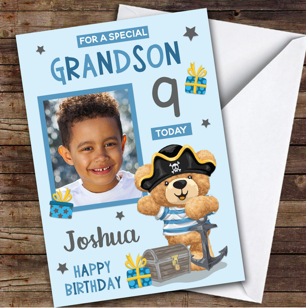 Boy's Pirate Bear Blue Photo Grandson 9th Birthday Personalized Birthday Card