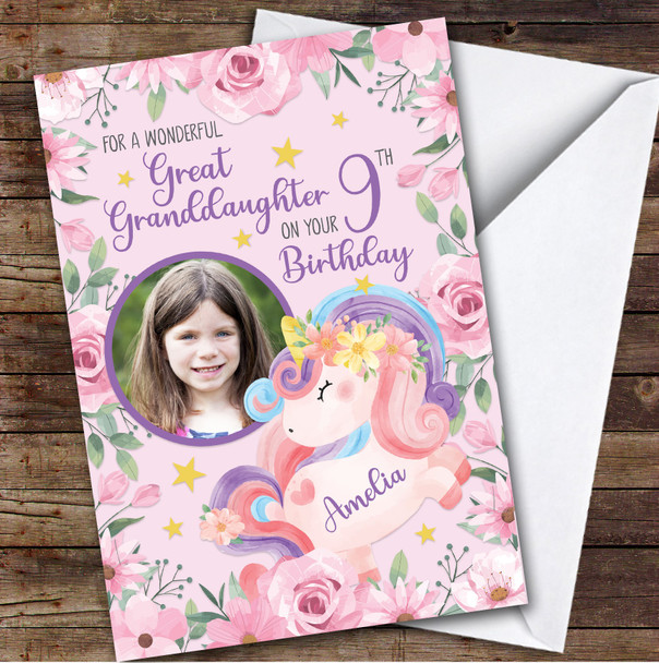 Girl's Unicorn Pink Photo Great Granddaughter 9th Birthday Personalized Card