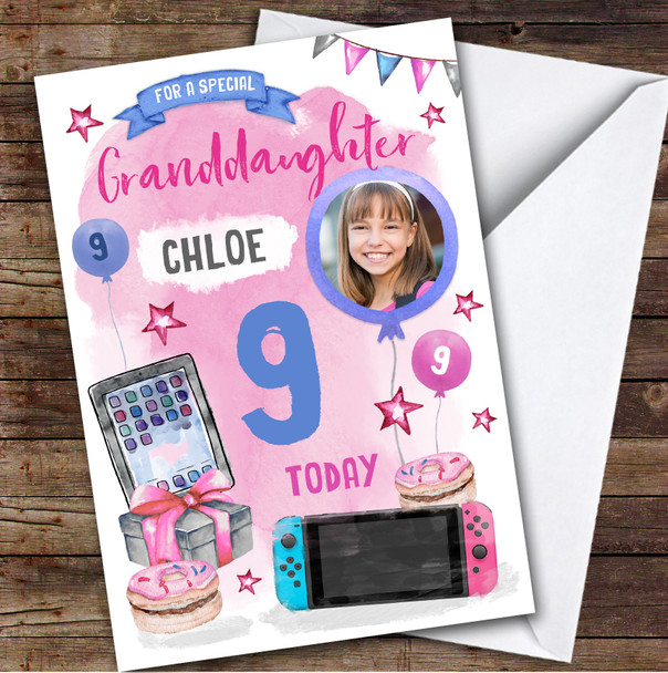 Girl's Gamer Gaming Donut Photo Granddaughter 9th Birthday Personalized Card