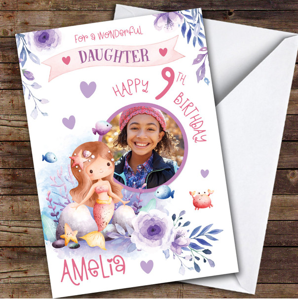 Girl's Mermaid Purple Photo Daughter 9th Birthday Personalized Birthday Card