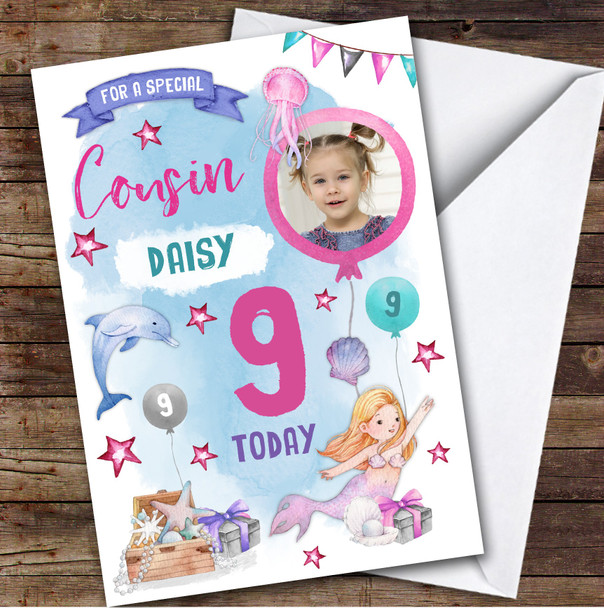 Girl's Mermaid Dolphin Photo Cousin 9th Birthday Personalized Birthday Card