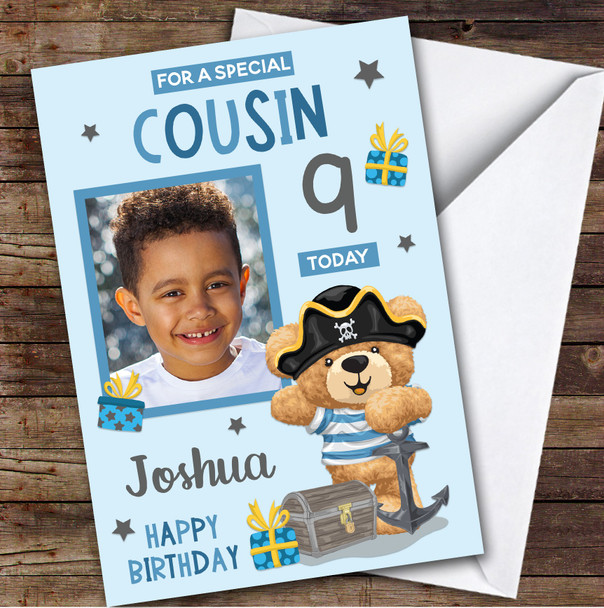Boy's Pirate Bear Blue Photo Cousin 9th Birthday Personalized Birthday Card