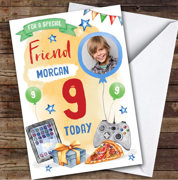 Boy's Gaming Online Tech Pizza Photo Friend 9th Birthday Personalized Card