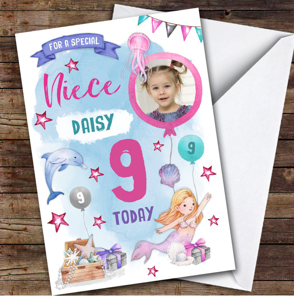 Girl's Mermaid Dolphin Photo Niece 9th Birthday Personalized Birthday Card
