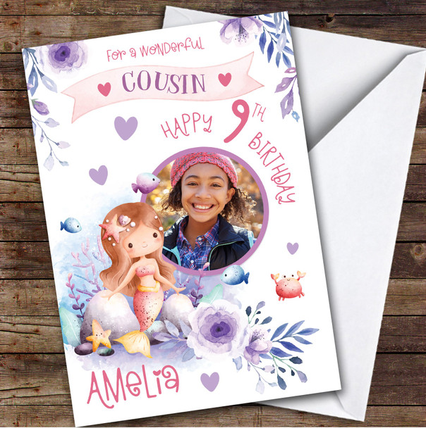 Girl's Mermaid Purple Photo Cousin 9th Birthday Personalized Birthday Card