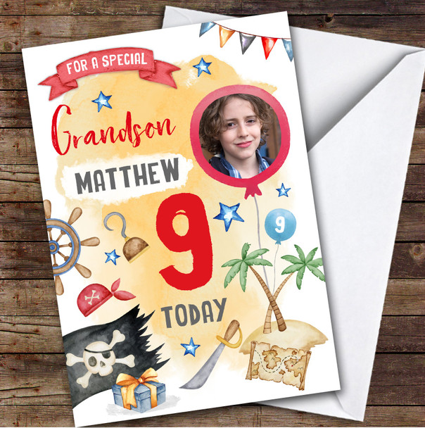 Boy's Pirate Island Photo Grandson 9th Birthday Personalized Birthday Card