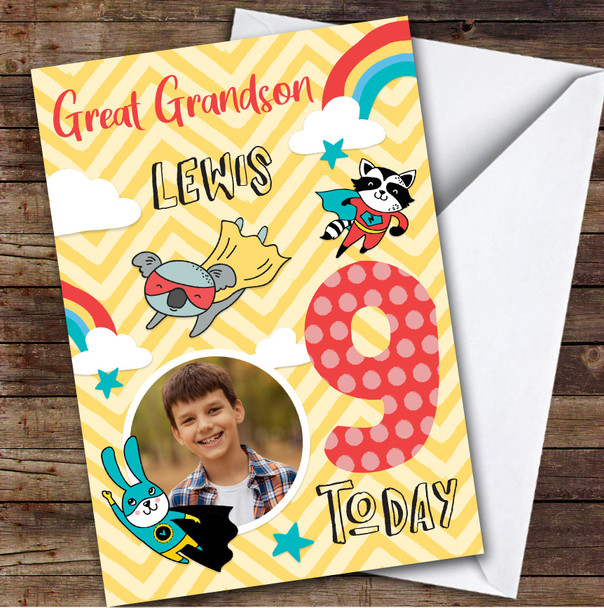 Boy's Superhero Comic Photo Great Grandson 9th Birthday Personalized Card