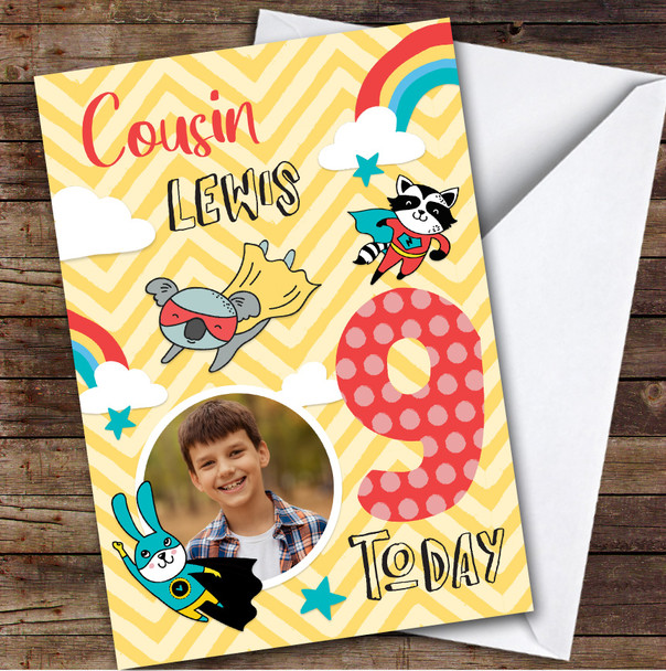 Boy's Superhero Rainbow Comic Photo Cousin 9th Birthday Personalized Card