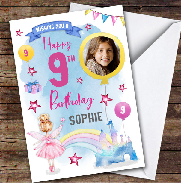 Girl's Fairy Magical Rainbow Castle Photo 9th Birthday Personalized Card