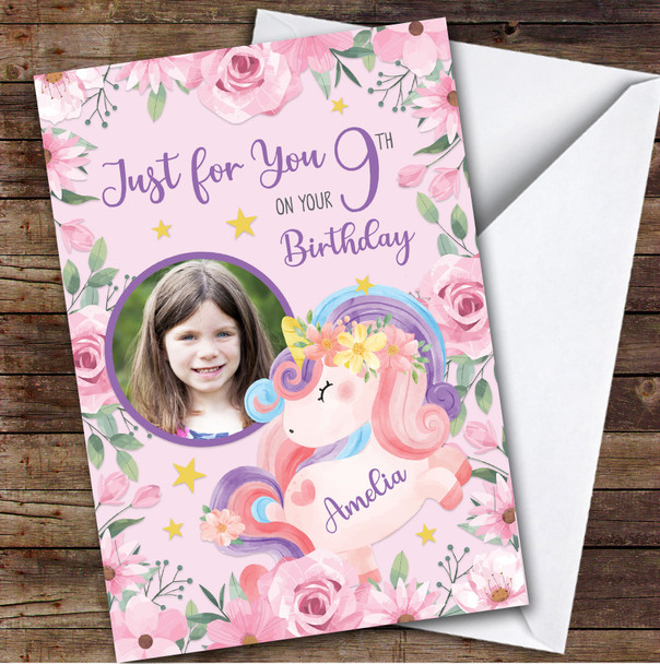 Girl's Unicorn Pink Flower Photo 9th Birthday Personalized Birthday Card